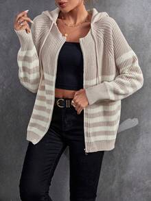 SHEIN LUNE Áo len trùm đầu có dây rút tay áo Raglan sọc sọc - Màu Khaki - Xem 6