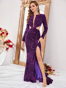 LOVE&LEMONADE Vestido de fiesta con abertura de muslo con abertura con lentejuelas - Morado - Ver 7