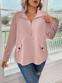 Calvaya 加大码半拉链落肩翻盖细节套头卫衣秋季卫衣 - 藕粉色 - 查看 4