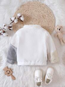 SHEIN Playful Pals Baby Boy Reversible Fleece Grey Patchwork Zipper Jacket , Fashionable Street Style Fit For Autumn/Winter Outings, Soft Plush Fabric, Comfortable