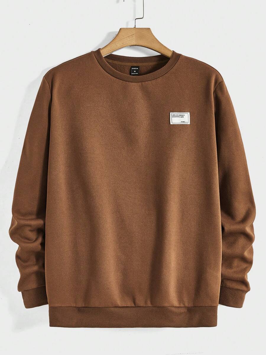 Manfinity VCAY Men Letter Patched Detail Thermal Lined Sweatshirt, For Fall Winter - Brown - View 1