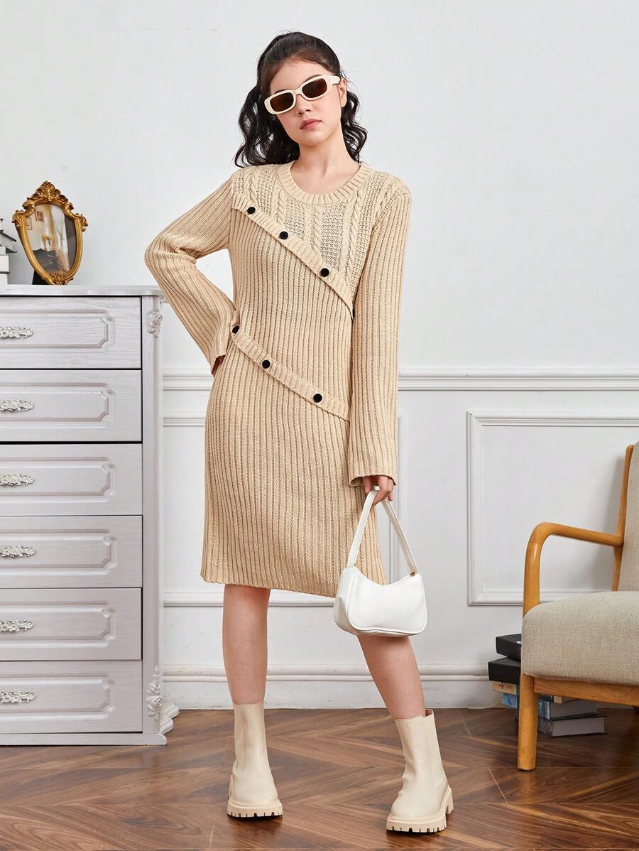 Teen Girl Button Detail Ribbed Knit Sweater Dress - Khaki - View 1