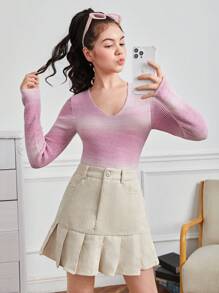 Teen Girl Ombre V Neck Sweater - Multicolor - View 4