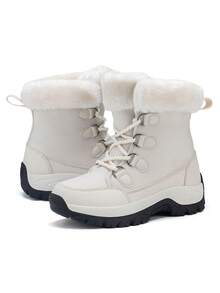 女士米色低帮系带保暖内衬保暖户外雪地靴 - 米色 - 查看 2