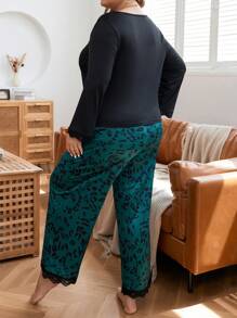 大碼豹紋印花蕾絲貝殼邊睡衣套裝 - 墨綠色 - 查看 2