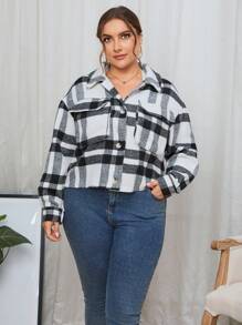 SHEIN Essnce Plus Plaid Print Drop Shoulder Jacket - Multicolor - View 1