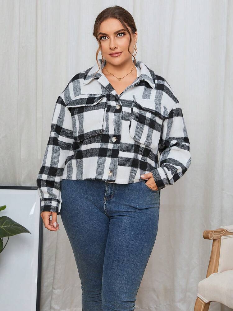 Plus Plaid Print Drop Shoulder Jacket