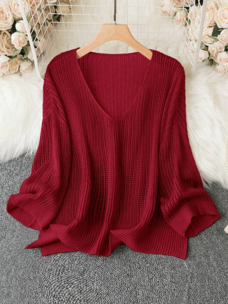 EMERY ROSE 加大码纯色落肩V领针织套头衫秋冬毛衣 - 紅色 - 查看 1