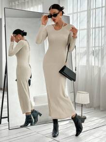 SHEIN Essnce Solid Ribbed Tie Back Split Bodycon Dress - Beige - View 1