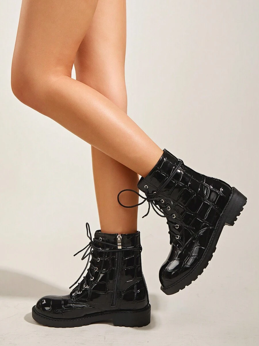 Black Glossy Stone Pattern Lace-up Women's Fashion Boots, Random Stone Pattern - Black - View 1