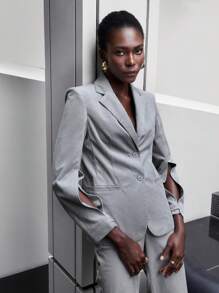Maija Lapel Collar Single Button Blazer - Grey - View 6