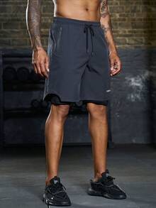 Manfinity Sport Corelite 男士字母圖案腰部抽繩二合一運動短褲帶手機袋 - 深灰色 - 查看 5