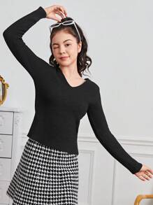 Teen Girl V Neck Ribbed Knit Sweater - Black - View 3