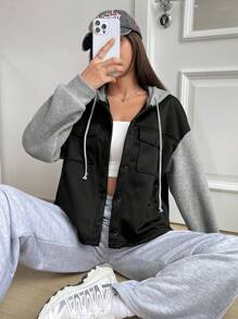 SHEIN EZwear Two Tone Flap Pocket Drop Shoulder Drawstring Hooded Jacket - Multicolor - View 6
