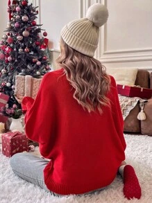 EMERY ROSE Christmas Snowflake Pattern Turtleneck Batwing Sleeve Sweater For New Year Knit Pullover Fall Winter Sweater - Red - View 2