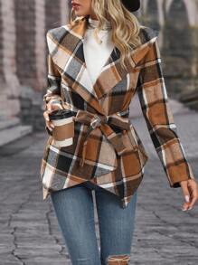 SHEIN LUNE Plaid Print Waterfall Collar Belted Coat - Brown - View 1
