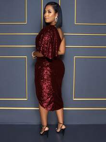Sexy Asymmetrical Neck Sparkly Evening Party Gown Burgundy Lady Bling Prom Sequins Homecoming Dresses Wedding Guest Cocktail Dress - Burgundy - View 2