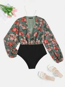 SHEIN VCAY Floral Print Lantern Sleeve Overlap Collar Bodysuit - Multicolor - View 1