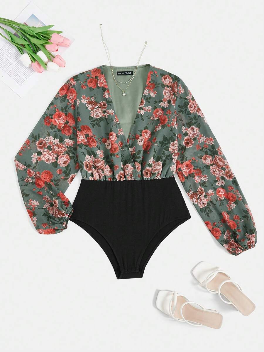 SHEIN VCAY Floral Print Lantern Sleeve Overlap Collar Bodysuit - Multicolor - View 1