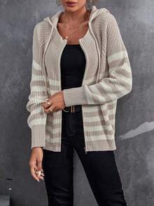 SHEIN LUNE Áo len trùm đầu có dây rút tay áo Raglan sọc sọc - Màu Khaki - Xem 4