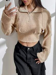 SHEIN EZwear Half Zip Drop Shoulder Crop Teddy Sweatshirt - Khaki - View 1