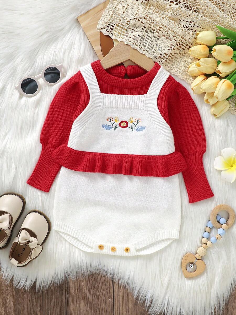 女嬰花卉刺繡荷葉邊吊帶針織連身背心&羊腿袖套頭毛衣 - 紅色 - 查看 1