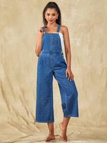 SHEIN EZwear Slant Pocket Wide Leg Denim Dungarees Without Tube Top - Medium Wash - View 3