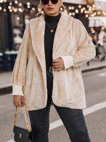 SHEIN LUNE Plus Shawl Collar Open Front Fleece Coat - Apricot - View 4