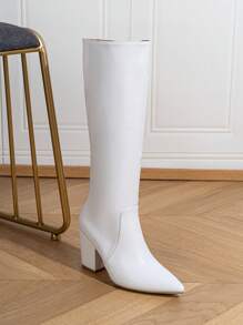 New Arrival Pointed Toe High Heel Long Boots For Women, White Chunky Heel Fashion Boots