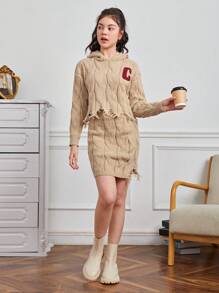 Teen Girl Letter Pattern Drop Shoulder Distressed Hooded Sweater & Knit Skirt - Brown - View 6