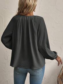 SHEIN LUNE Cà vạt Tay áo lồng đèn Áo sơ mi - Màu xám đen - Xem 2