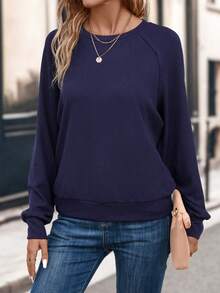 SHEIN LUNE Chất rắn Tay Raglan Áo nỉ - Màu xanh lam - Xem 3