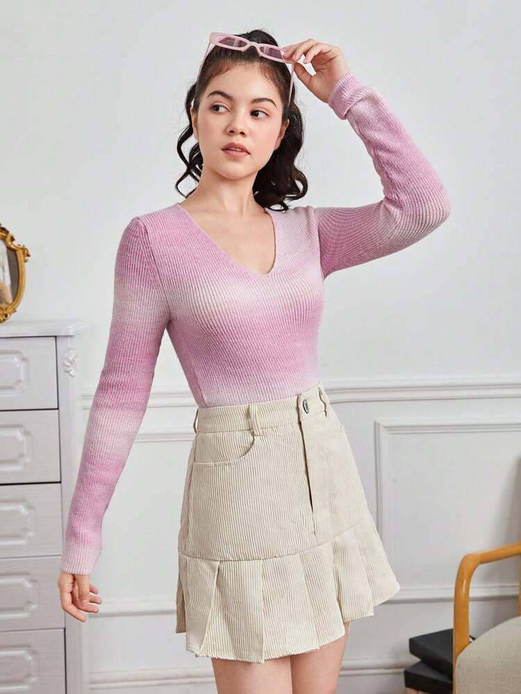 Teen Girl Ombre V Neck Sweater