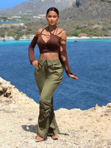SHEIN SXY Solid Foldover Waist Flare Leg Pants - Army Green - View 5