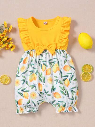 Dziewczynka Cytrynowy nadruk Karbowane wykończenie Kokarda z przodu Romper