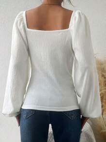 EURMUSE Square Neck Lantern Sleeve Crop Blouse - White - View 2