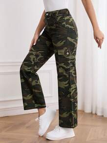 SHEIN PETITE 迷彩印花翻蓋口袋工裝牛仔褲 - 彩色 - 查看 1