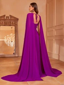 Vestido de fiesta de manga capa de gasa con Capa - Morado - Ver 2