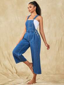 SHEIN EZwear Slant Pocket Wide Leg Denim Dungarees Without Tube Top - Medium Wash - View 4