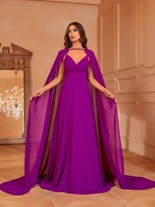 Vestido de fiesta de manga capa de gasa con Capa - Morado - Ver 3