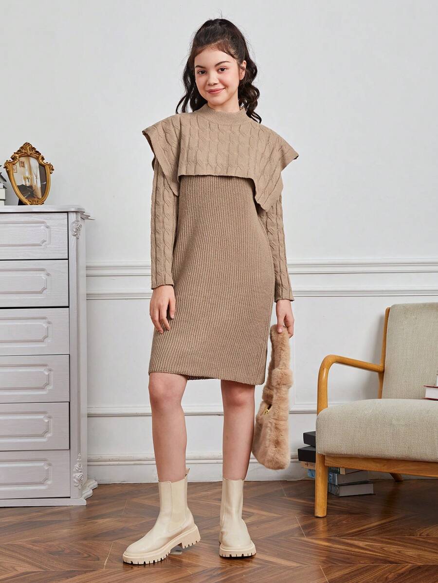 Chica adolescente Vestido de punto tejido de cable 2 en 1 - Caqui - Ver 1