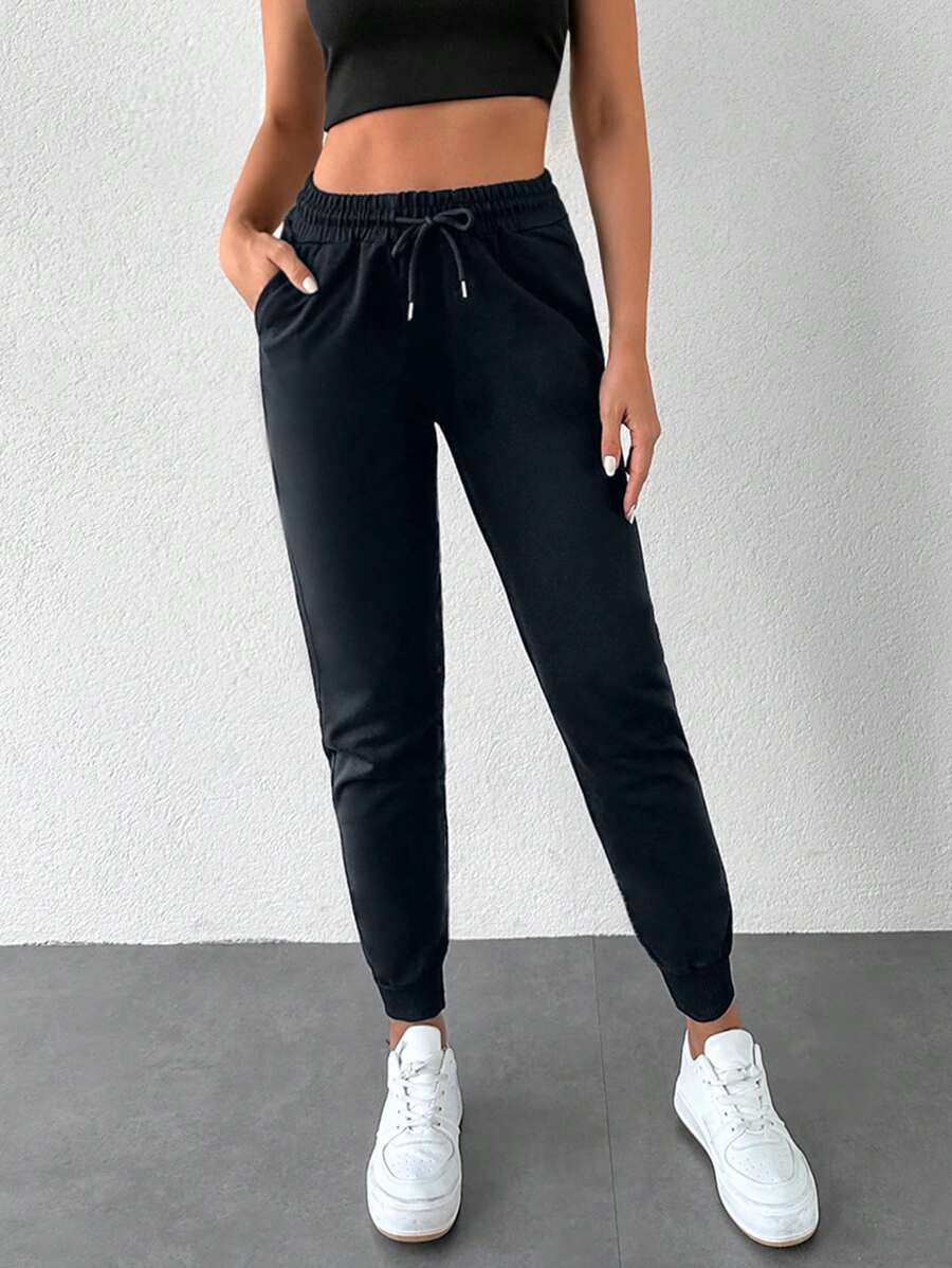 RueChic Drawstring Waist Slant Pocket Sweatpants - Black - View 1