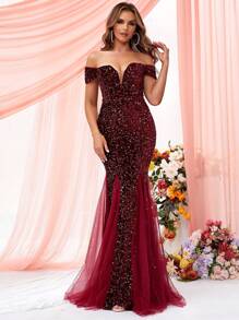 LOVE&LEMONADE Off Shoulder Mesh Panel Sequin Formal Dress - Burgundy - View 1