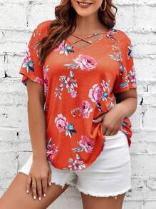 SHEIN LUNE Plus Floral Print Crisscross Front Tee - Orange - View 1