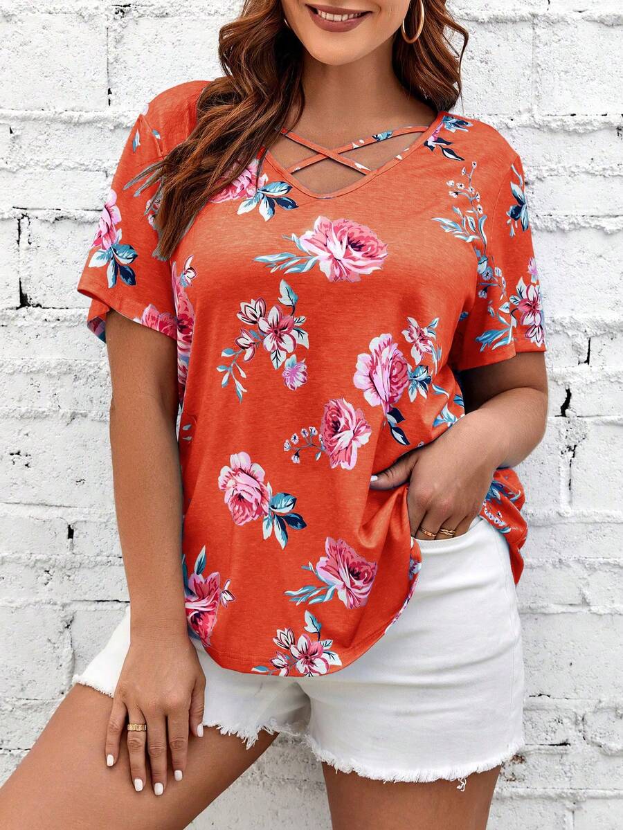 SHEIN LUNE Plus Floral Print Crisscross Front Tee - Orange - View 1