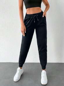 RueChic Drawstring Waist Slant Pocket Sweatpants - Black - View 4