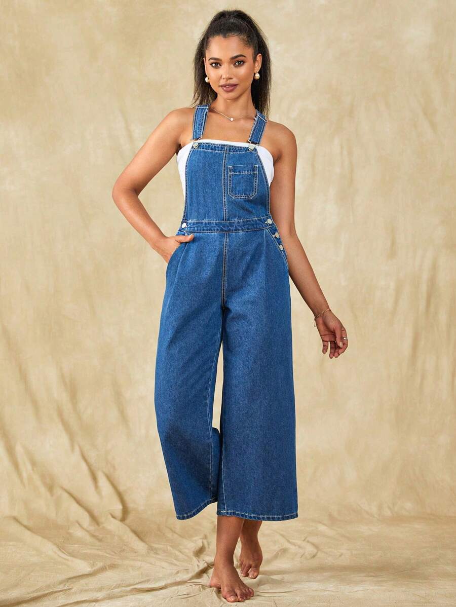 SHEIN EZwear Slant Pocket Wide Leg Denim Dungarees Without Tube Top - Medium Wash - View 1