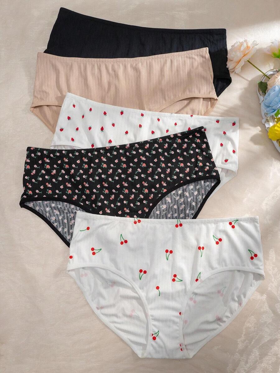 Cute Sweet Multicolor Knitted Plus Size Panties With Fruit Vegetable Pattern For Women, 5 Pack High Waisted Underwear - Multicolor - View 1