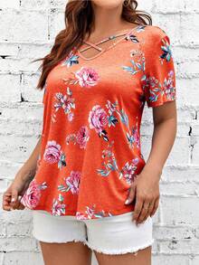 SHEIN LUNE Plus Floral Print Crisscross Front Tee - Orange - View 5