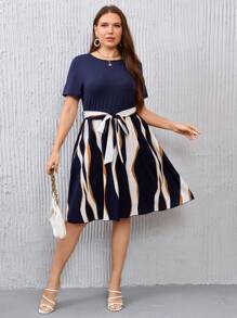 Plus Colorblock Belted Dress - Multicolor - View 1